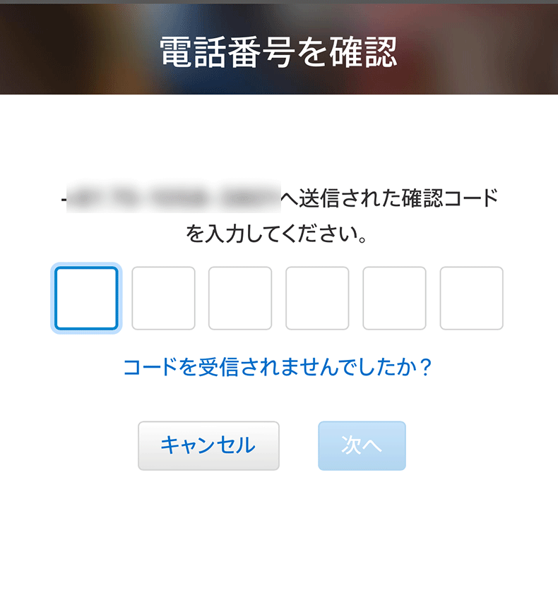 確認コードの入力画面